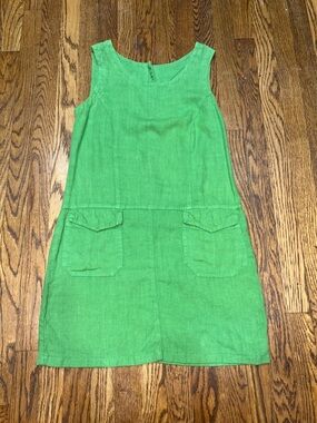 Vintage Green Sleeveless Mini Dress with Front Pockets - 100% Linen